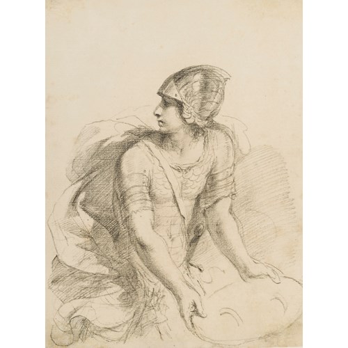 A Soldier in Armour Facing Right, Holding a Shield and Looking to the Left